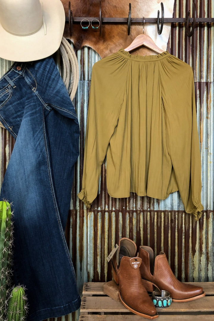 Venango Chartruese Tie Neck Ruffle Top